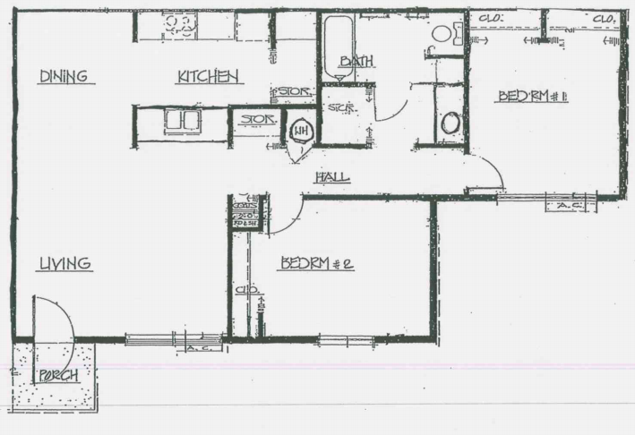 Floor plan for 2 beds, 1 bath, 925 sqft
